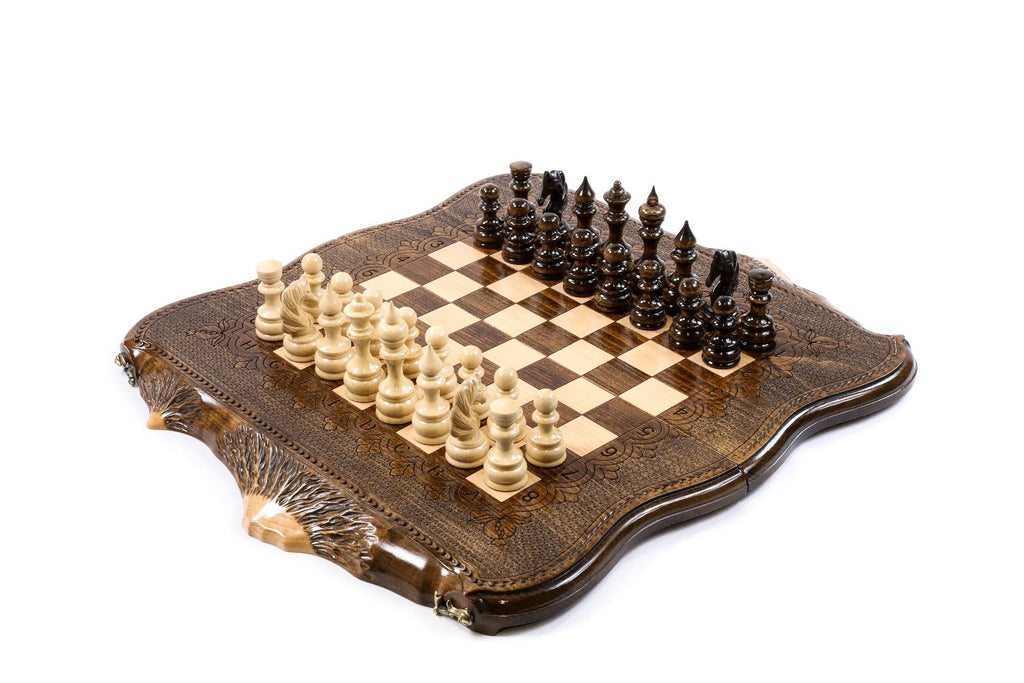 Handcrafted wooden chess set and backgammon Armenian themed design