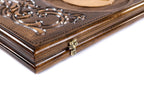 Classic Carved Wolf backgammon board - corner detail of the board