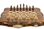 Close-up of the carved Mount Ararat motif and solid wood finish on this 2-in-1 board game set.