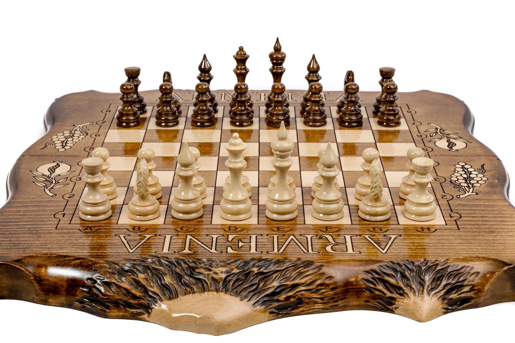 Close-up of the carved Mount Ararat motif and solid wood finish on this 2-in-1 board game set.