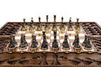 Carved Ornamental Bas Relief chess set - chess pieces set up for play
