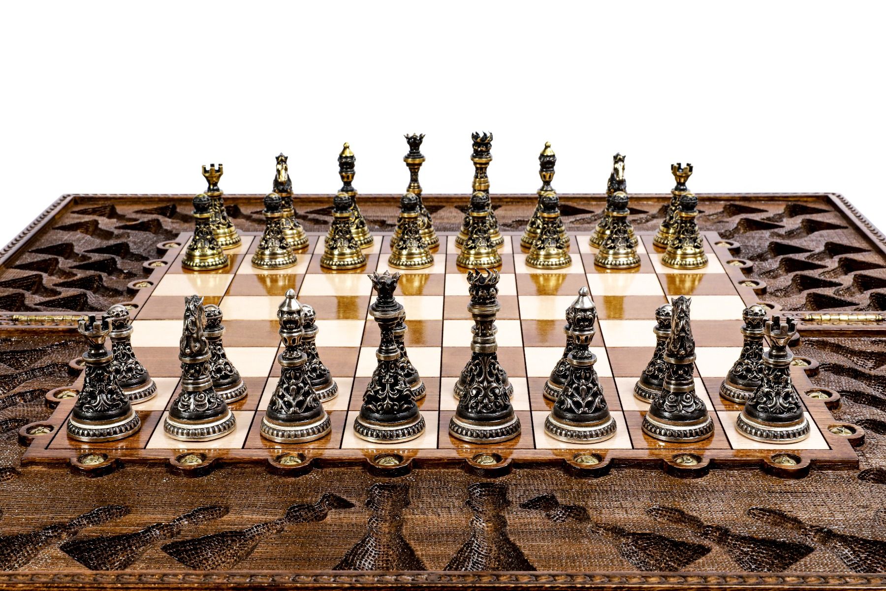 Wooden Carved Chess Set Ornamental Bas-Relief 60 cm | 24.7" - Unumperfectus