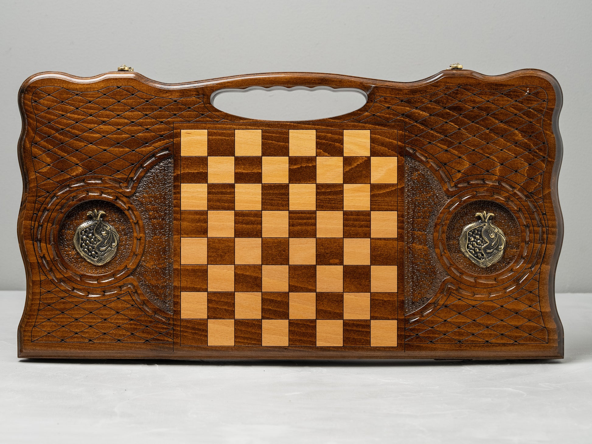 Luxury Backgammon Set – Pomegranate Design with Bronze Details - Unumperfectus