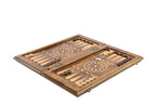 Medium backgammon set open with light and dark checkers and dice on the 50 cm board, angled view