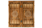 Open medium backgammon board from above: dark field, pale points, wheel ornament on each half