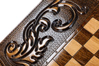 Classic Carved Wolf backgammon board - playing pieces and dice arranged on the board