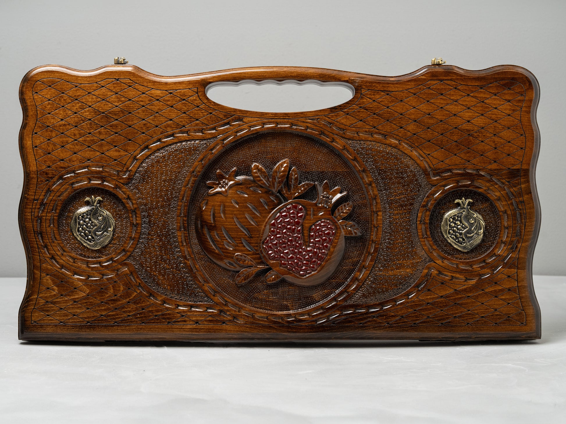 Luxury Backgammon Set – Pomegranate Design with Bronze Details - Unumperfectus