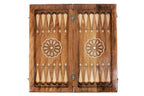 Close-up of hand-carved beech wood backgammon points and inlay