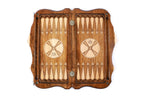 Corner detail of the hand-carved Assyrian Lamassu backgammon board