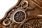 Coat of Arms of Uzbekistan backgammon board - playing pieces and dice arranged on the board