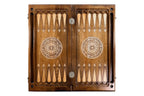 Open carved backgammon board standing upright — symmetric points and rosettes, Armenian craftsmanship