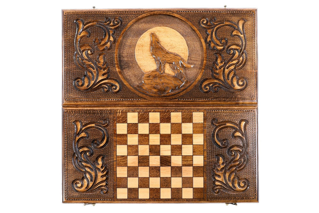 Classic Wooden Carved Backgammon Board Wolf 23.6" | 60 cm - Unumperfectus