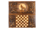 Classic Carved Wolf backgammon board - angled view