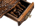 Detail of the wood grain on the carved chess table