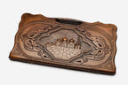 Carved beechwood backgammon board with the Sheikh Zayed Grand Mosque of Abu Dhabi, with a carry handle, propped open