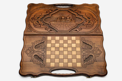 Angled view of the Abu Dhabi Grand Mosque carved backgammon board