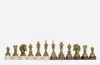 Row of the two-tone bronze chess pieces on marble bases, showing kings, queens, bishops and horse-head knights