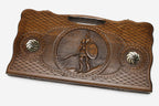 Carved beechwood backgammon board with a Spartan warrior and bronze rosettes, with a carry handle, propped open