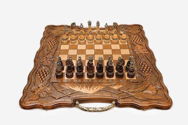 Grand Mount Ararat Beech Chess and Backgammon Set with Bronze Pieces