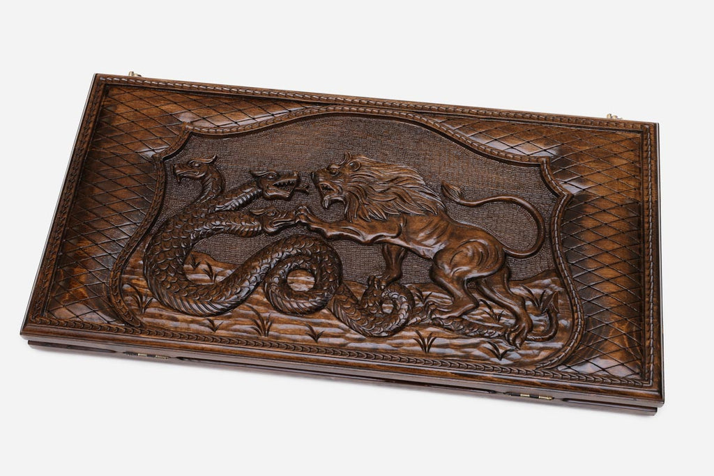Backgammon Set Lion & Dragon - handmade wooden backgammon board