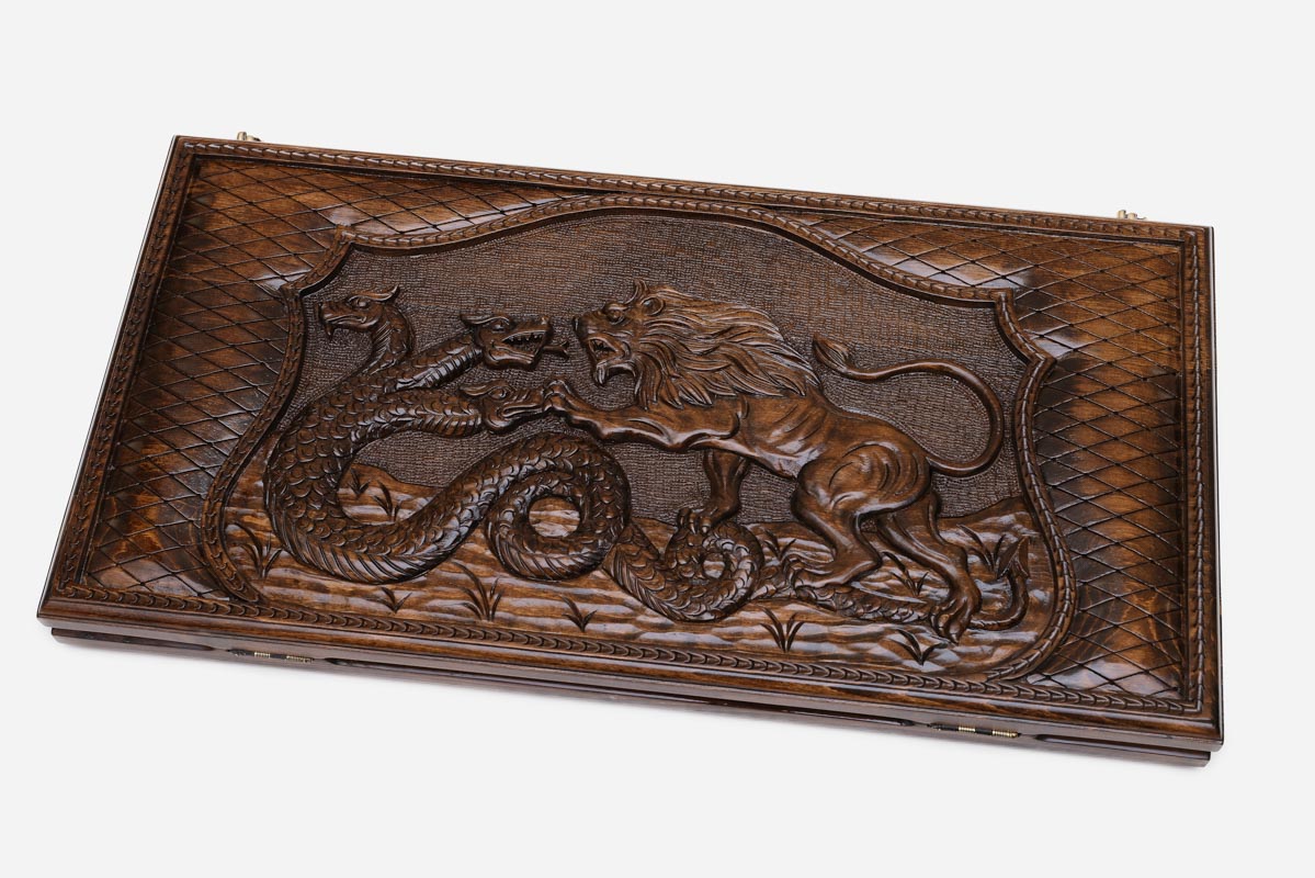 Backgammon Set Lion & Dragon - handmade wooden backgammon board