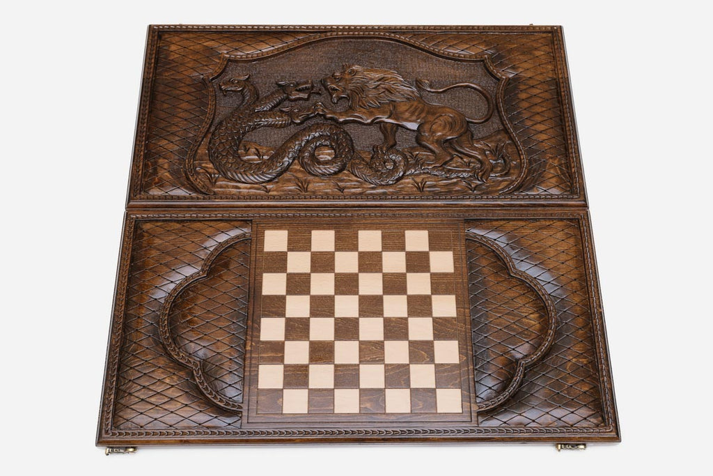 Backgammon Set Lion & Dragon - handmade wooden backgammon board