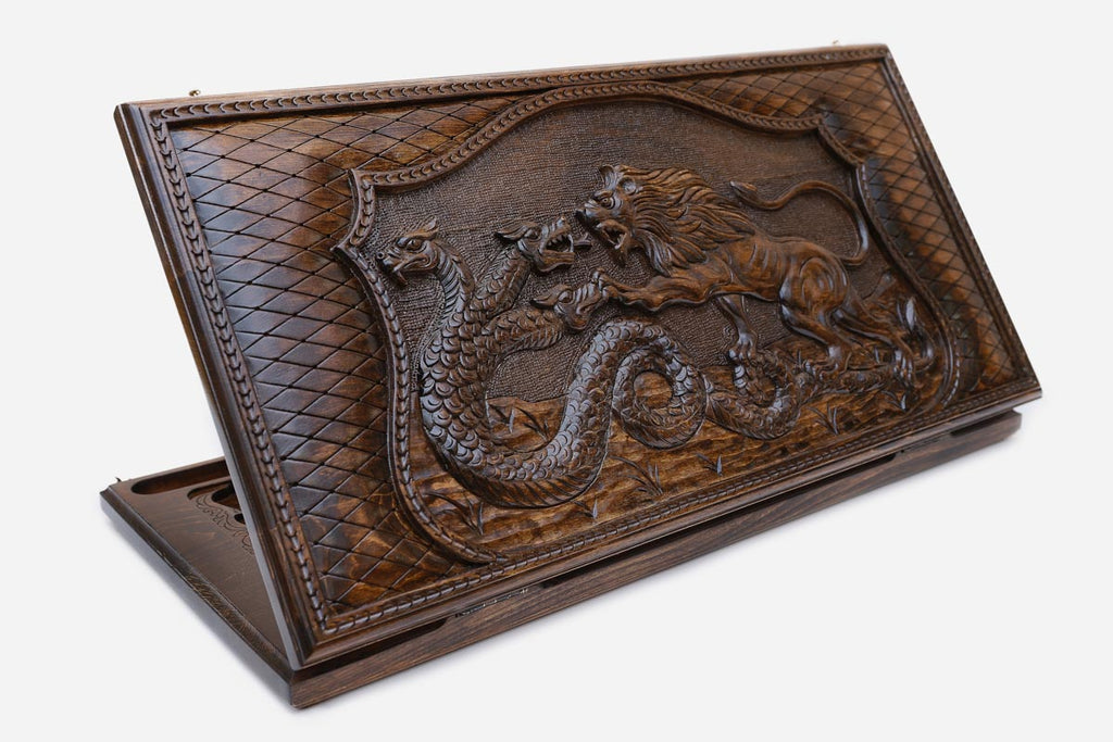 Backgammon Set Lion & Dragon - handmade wooden backgammon board