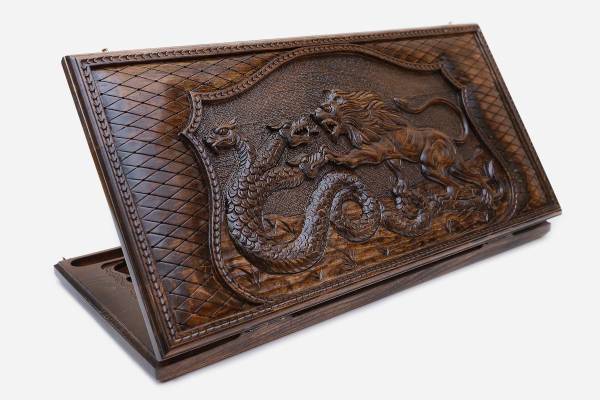 Backgammon Set Lion & Dragon - handmade wooden backgammon board