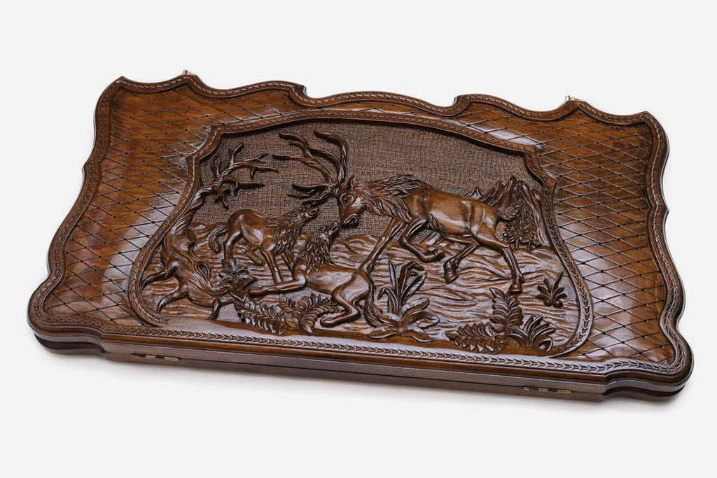 Backgammon Set Deer & Wolf - handmade wooden backgammon board