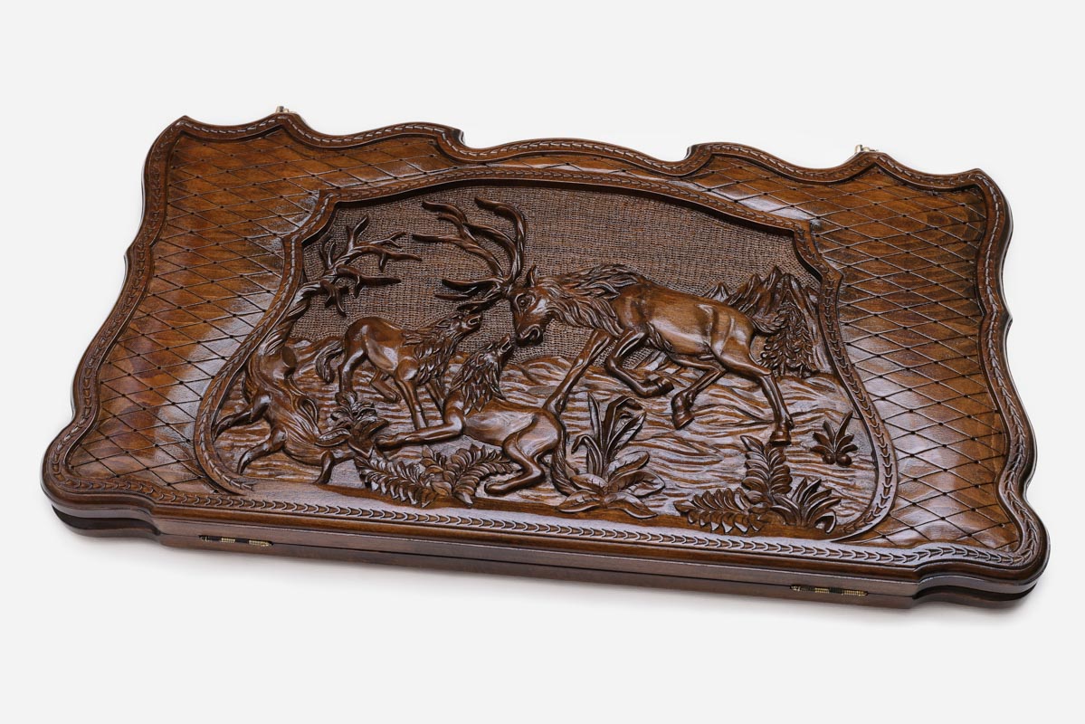 Backgammon Set Deer & Wolf - handmade wooden backgammon board