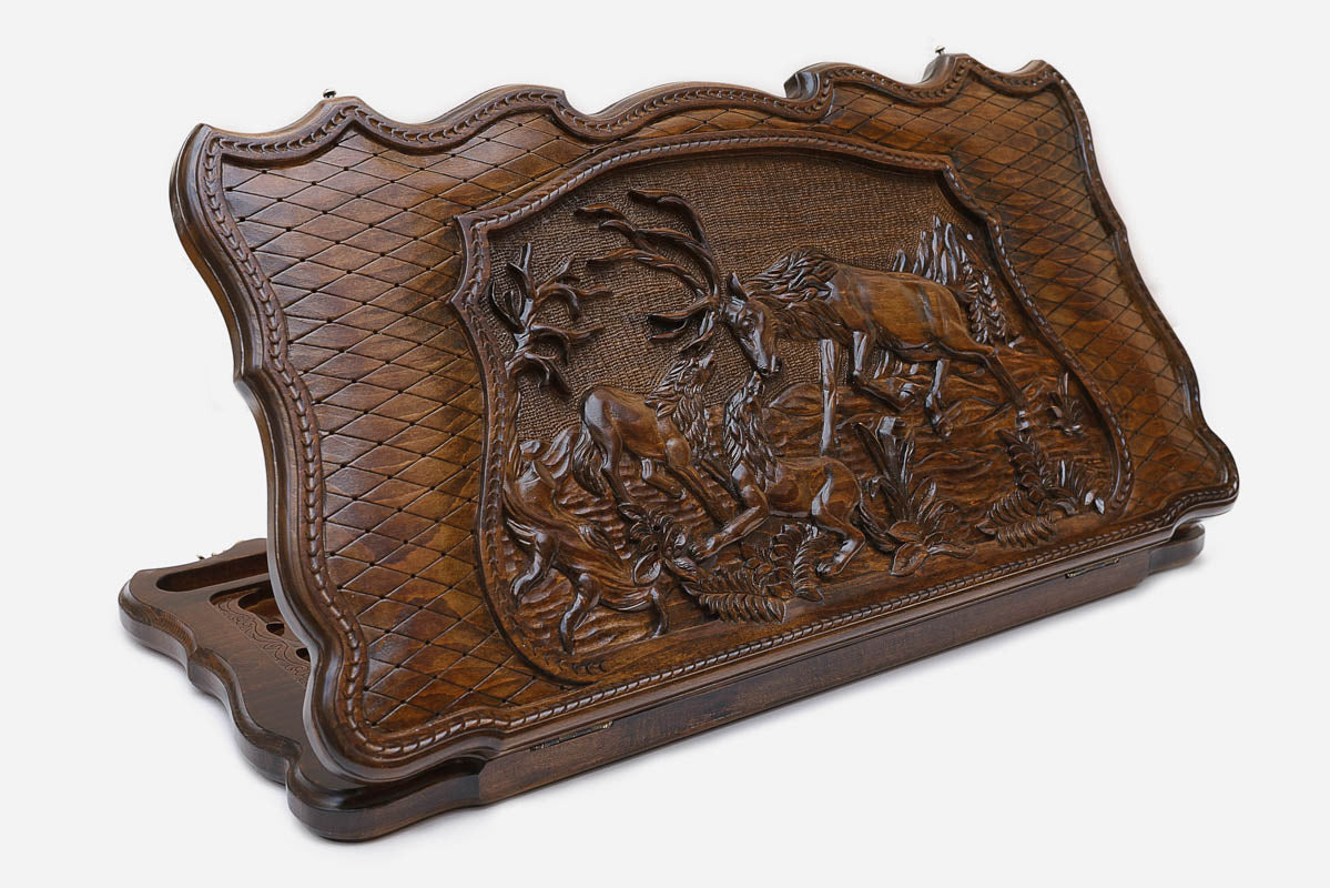 Backgammon Set Deer & Wolf - handmade wooden backgammon board