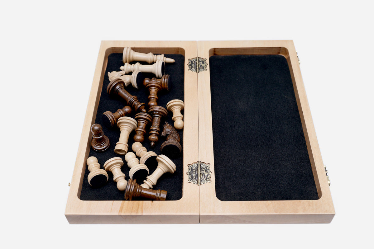 Classic chess set shown folded with carry handle