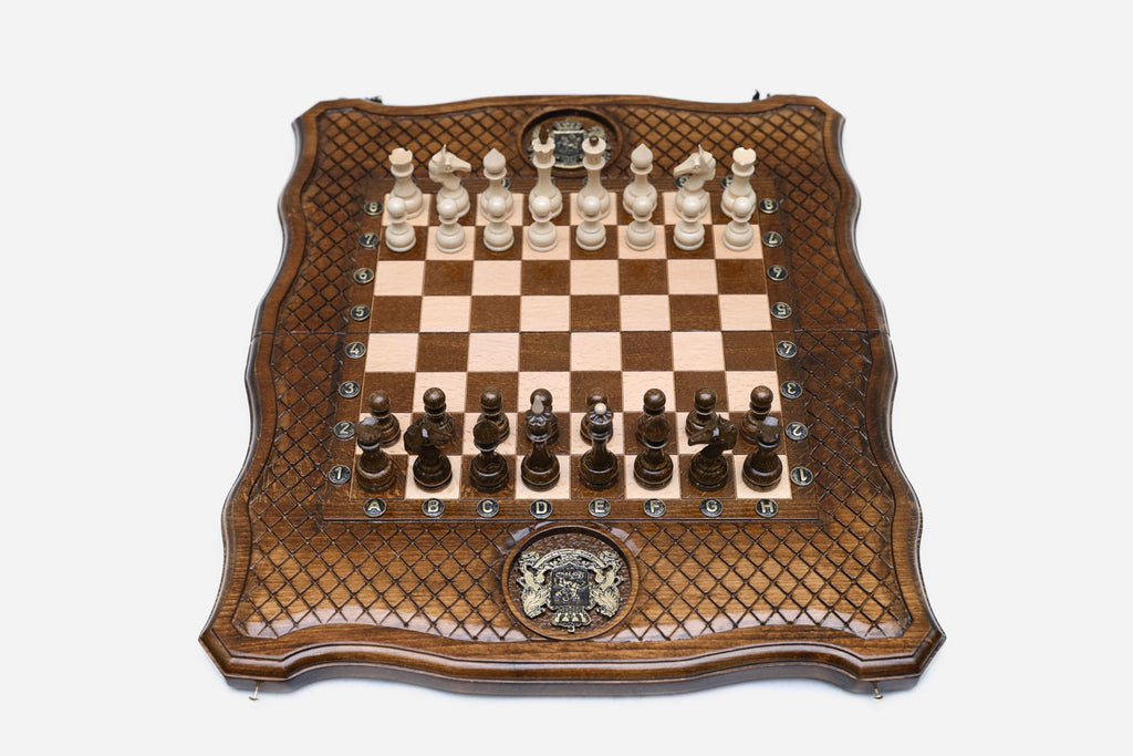 Georgian Coat of Arms chess and backgammon set shown folded with carry handle