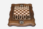Georgian Coat of Arms chess and backgammon set shown folded with carry handle