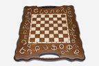 Alphabet chess set shown folded with carry handle
