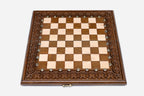 Ornamental Rosette chess and backgammon set shown folded with carry handle