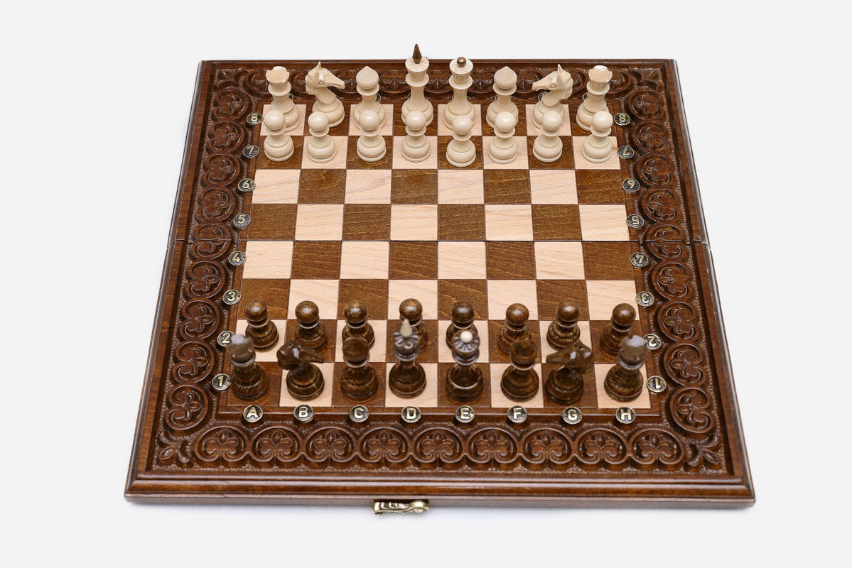 Standard Ornamental Rosette Beech Chess and Backgammon Set