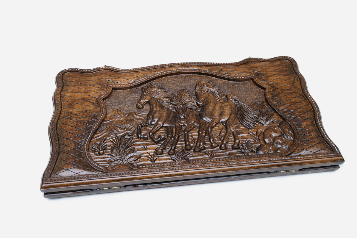Backgammon Set Horses III - handmade wooden backgammon board