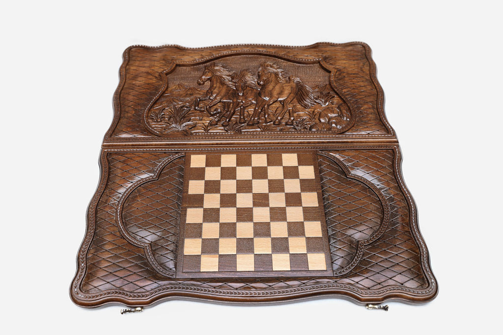 Backgammon Set Horses III - handmade wooden backgammon board