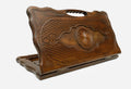 Carved beechwood backgammon board with a rosette medallion and a carry handle, propped open