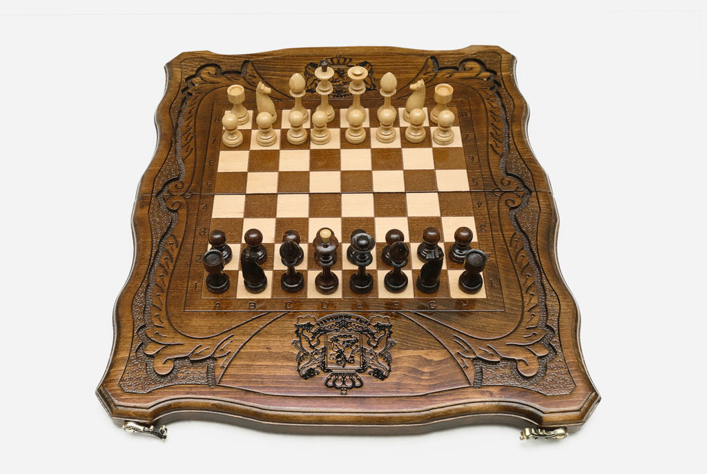 Georgian Coat of Arms chess set shown folded with carry handle