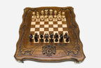 Georgian Coat of Arms chess set shown folded with carry handle