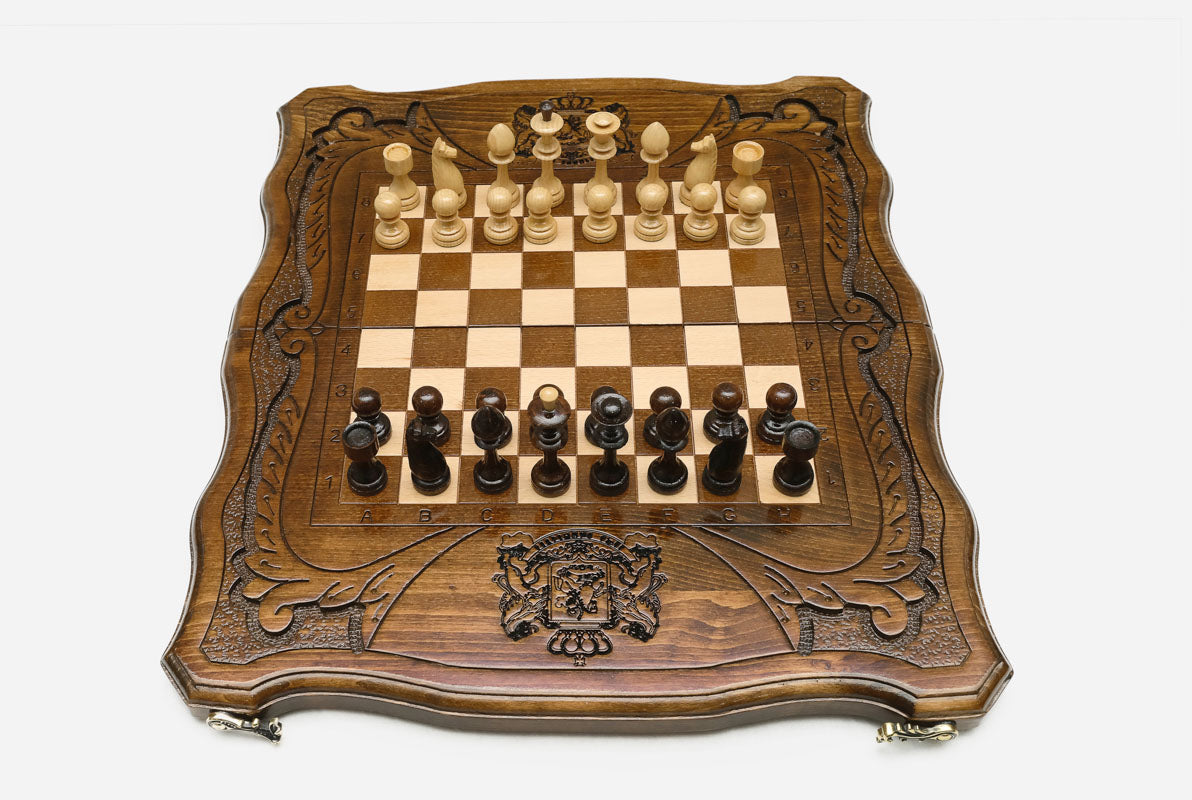 Georgian Coat of Arms chess set shown folded with carry handle