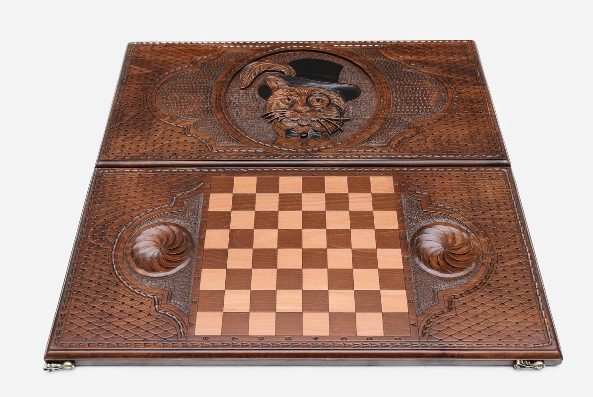 Backgammon Set Cat - handmade wooden backgammon board