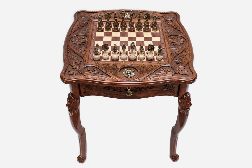 Lion Beech Chess Table with Bronze Pieces
