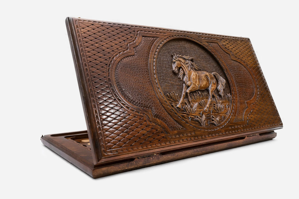 Backgammon Set Horses II - handmade wooden backgammon board