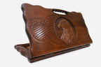 Carved beechwood backgammon board with an eagle head medallion and a carry handle, propped open