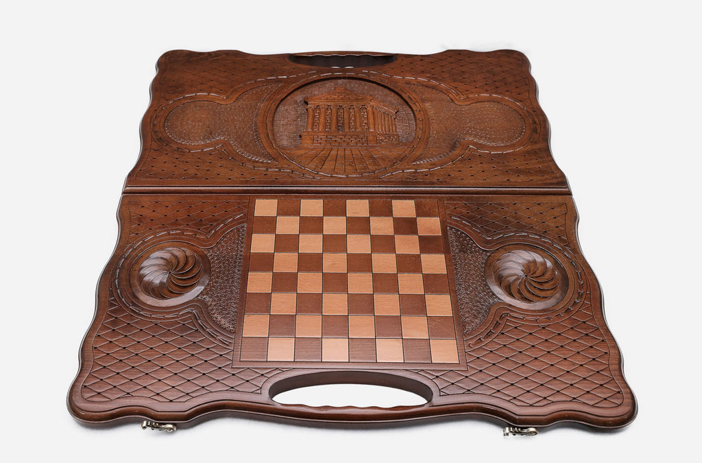Angled view of the Garni Temple carved backgammon board