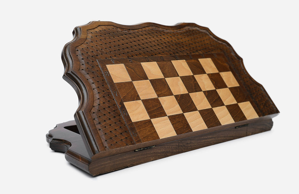 Sculpted-Edge chess set shown folded with carry handle