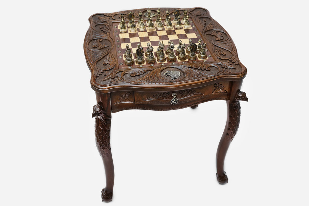 Eagle Beech Chess Table with Bronze Pieces